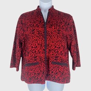 Blast Red Black Animal Print Zip Up Jacket 3/4 Sleeve Knit Top-XL Edgy Goth